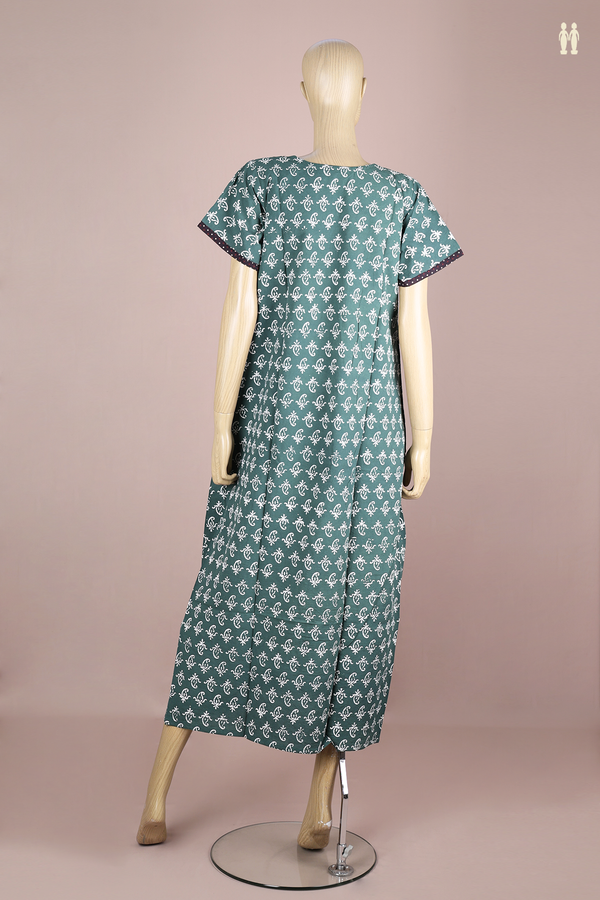 Round Neck Printed Design Green Cotton Nightie