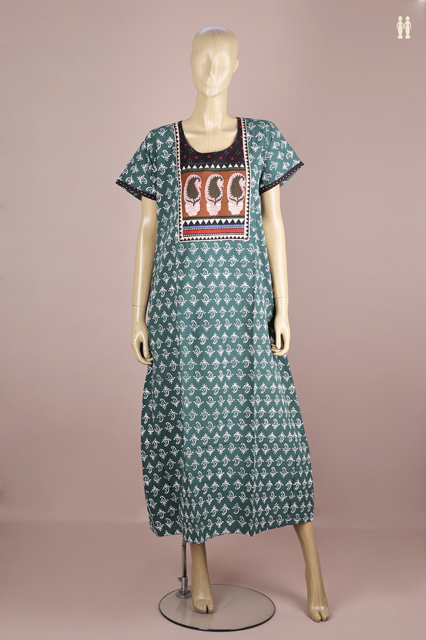 Round Neck Printed Design Green Cotton Nightie