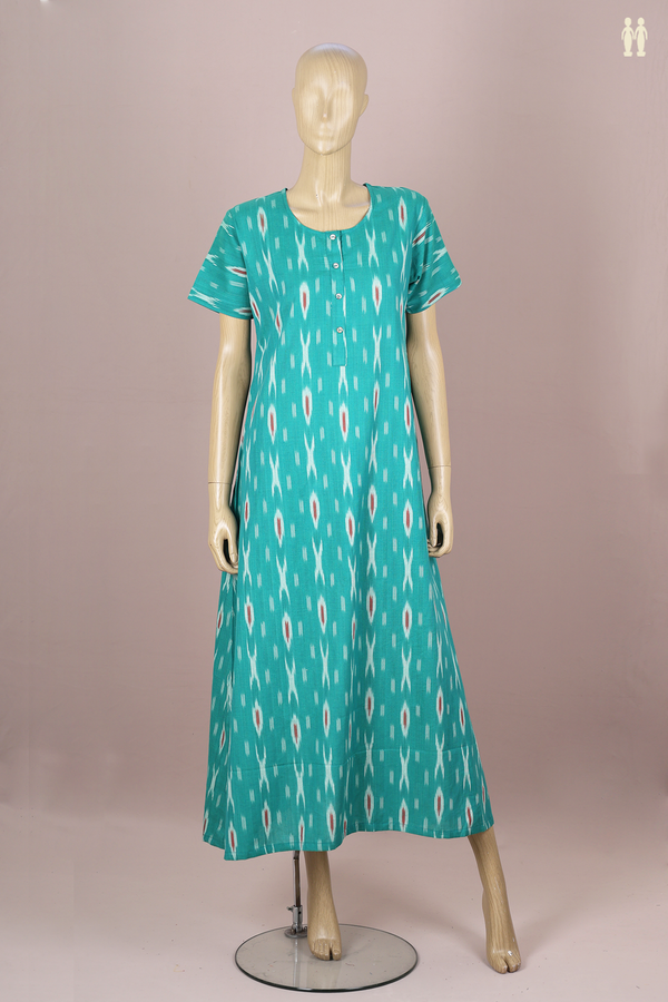 Round Neck Printed Design Green Ikat Cotton Nightie
