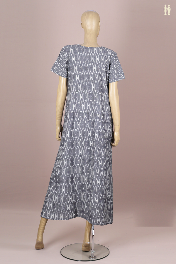 Round Neck Printed Design Grey Ikat Cotton Nightie