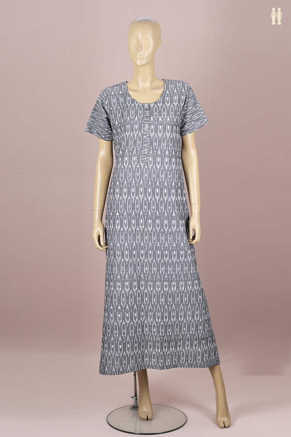 Round Neck Printed Design Grey Ikat Cotton Nightie