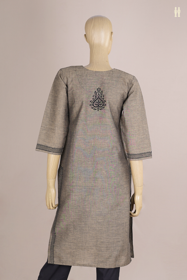 Round Neck Printed Design Khaki Cotton Long Kurta