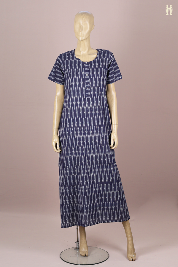 Round Neck Printed Design Navy Blue Ikat Cotton Nightie