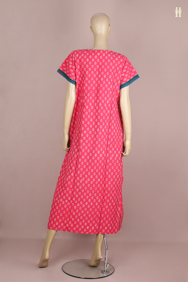 Round Neck Printed Design Pink Cotton Nightie