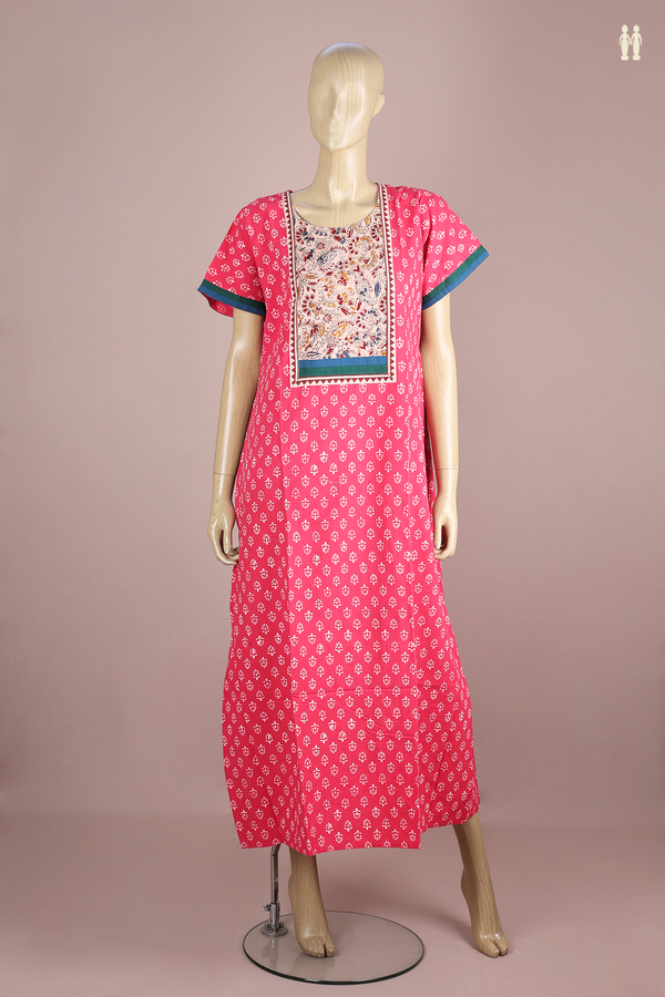 Round Neck Printed Design Pink Cotton Nightie