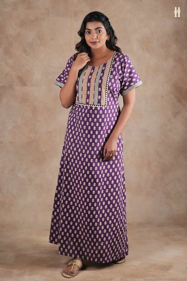 Round Neck Printed Design Purple Cotton Nightie