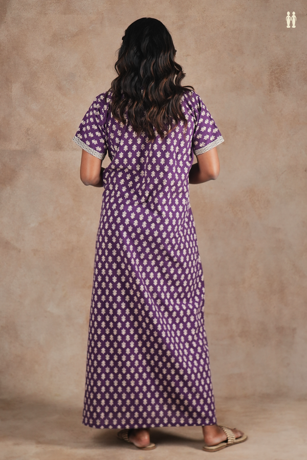 Round Neck Printed Design Purple Cotton Nightie