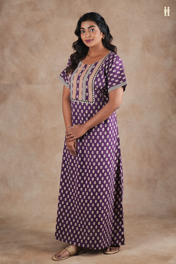 Round Neck Printed Design Purple Cotton Nightie