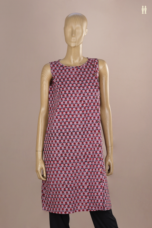 Round Neck Printed Design Purple Jaipur Cotton Long Kurta