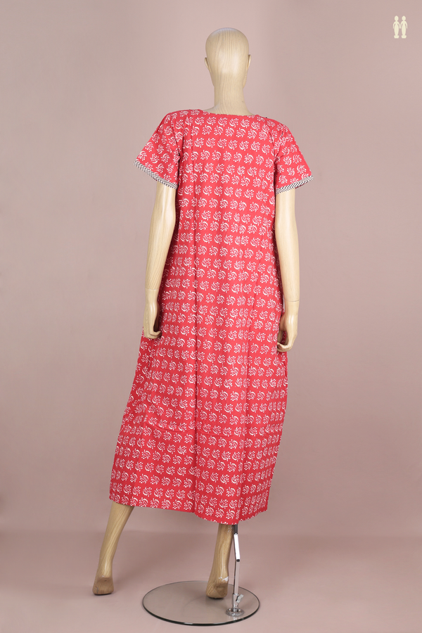 Round Neck Printed Design Red Cotton Nightie