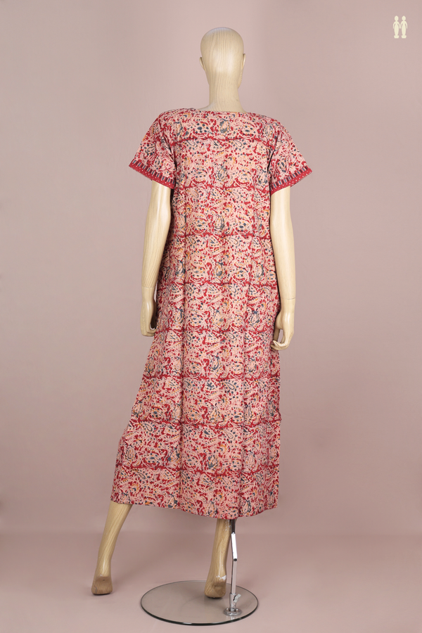 Round Neck Printed Design Red Cotton Nightie