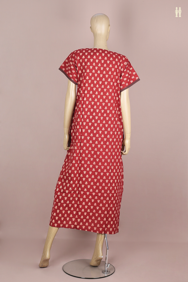Round Neck Printed Design Red Cotton Nightie