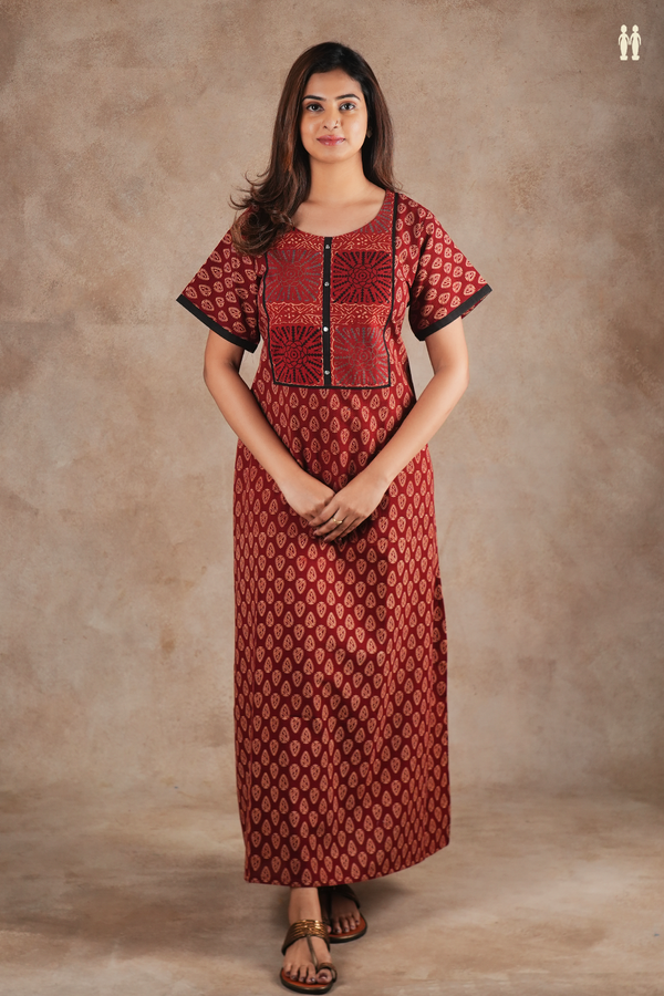 Round Neck Printed Design Red Cotton Nightie
