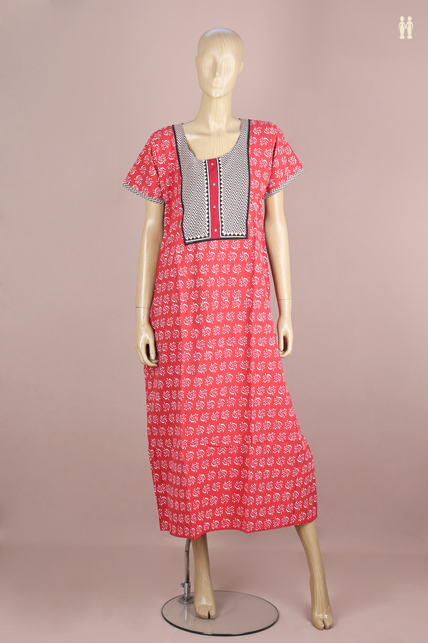 Round Neck Printed Design Red Cotton Nightie