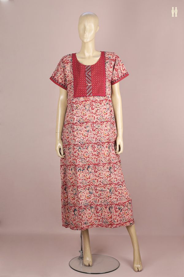 Round Neck Printed Design Red Cotton Nightie