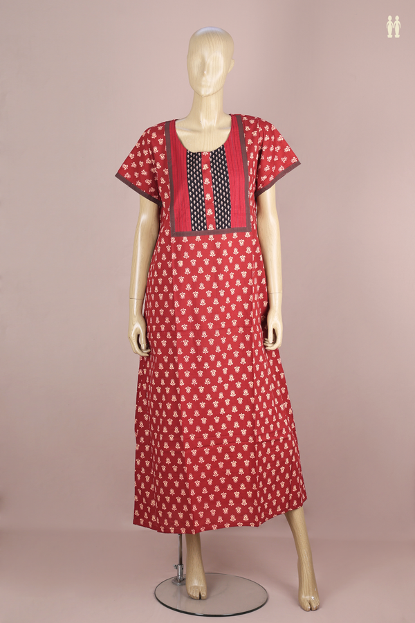 Round Neck Printed Design Red Cotton Nightie