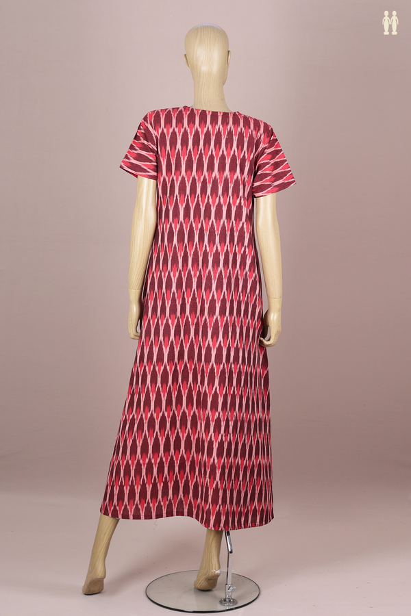 Round Neck Printed Design Red Ikat Cotton Nightie