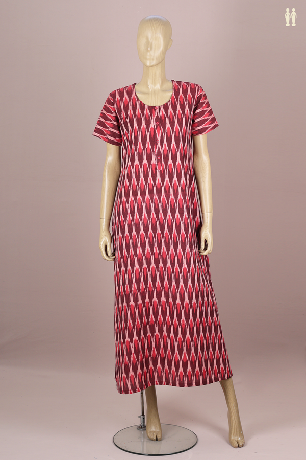 Round Neck Printed Design Red Ikat Cotton Nightie