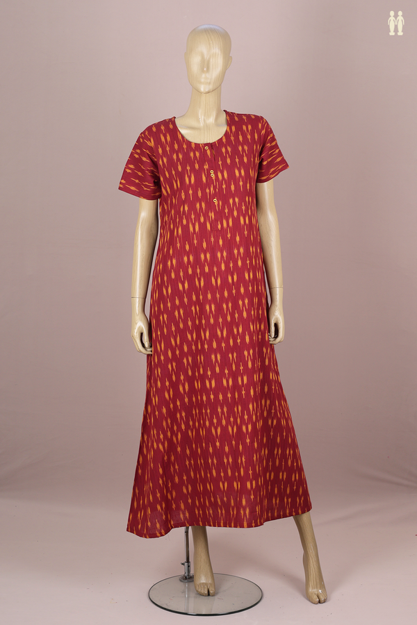 Round Neck Printed Design Red Ikat Cotton Nightie