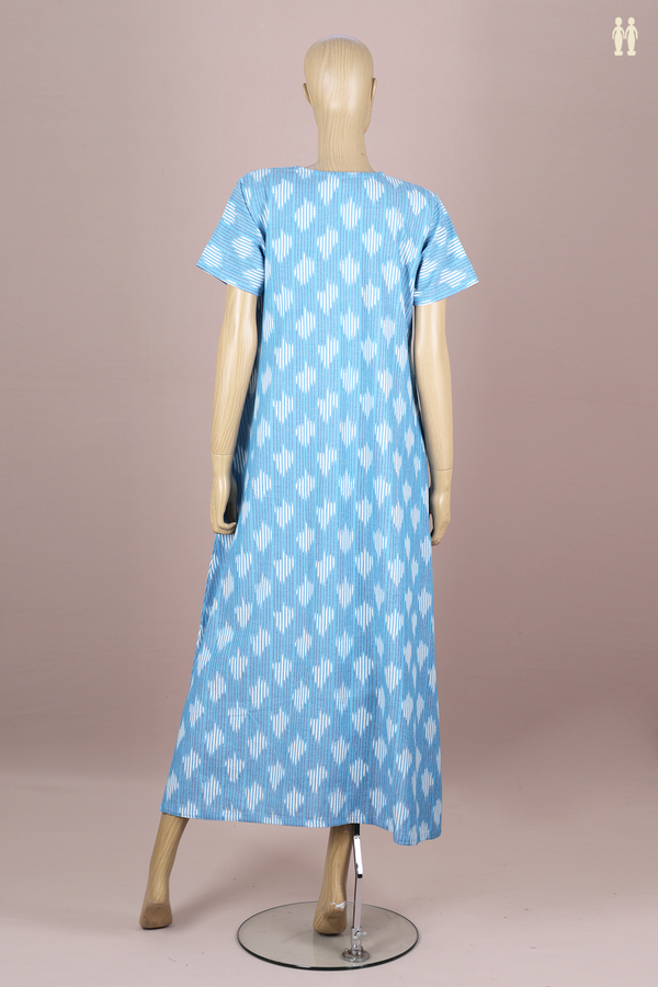 Round Neck Printed Design Sky Blue Ikat Cotton Nightie