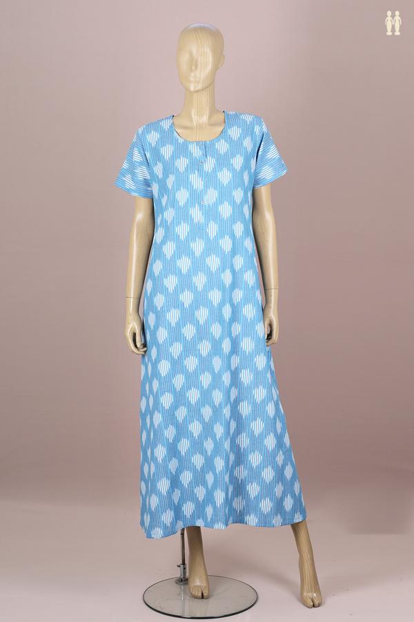 Round Neck Printed Design Sky Blue Ikat Cotton Nightie
