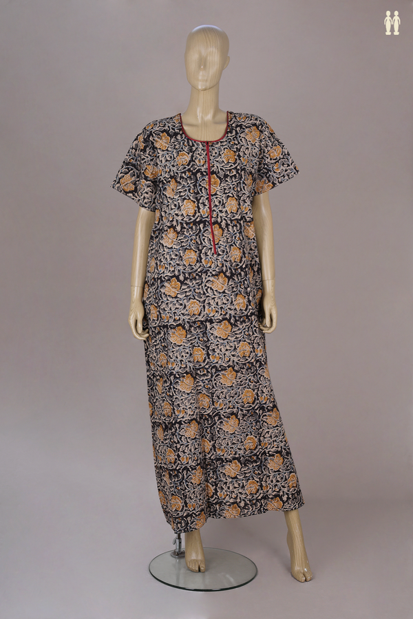 Round Neck Printed Design With Zip Black Cotton Nightie