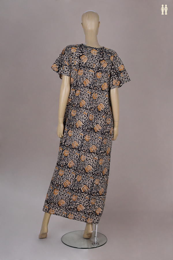 Round Neck Printed Design With Zip Black Cotton Nightie