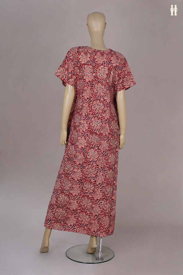 Round Neck Printed Design With Zip Red Cotton Nightie