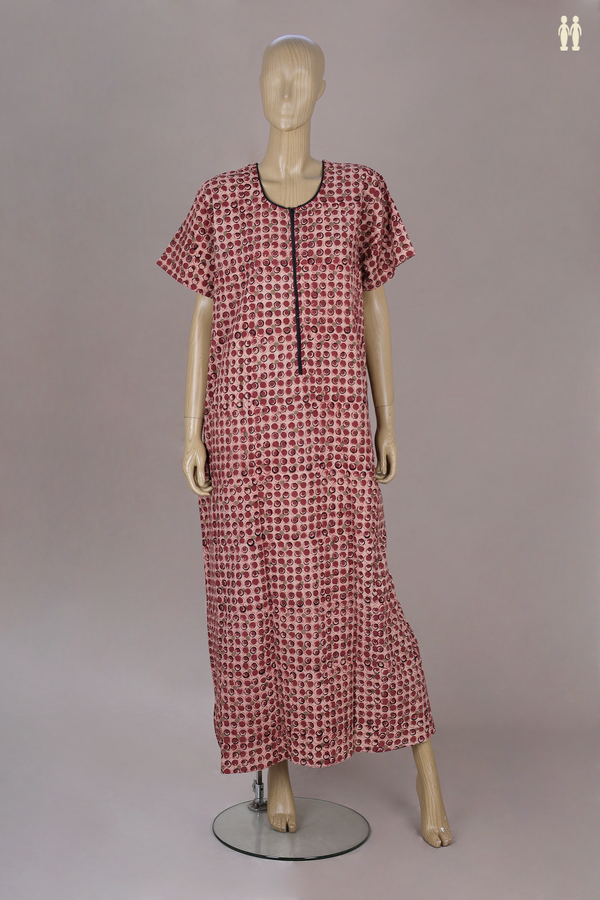 Round Neck Printed Design With Zip Red Cotton Nightie