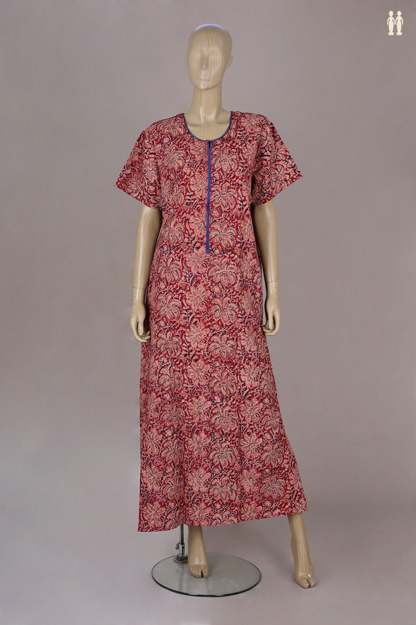 Round Neck Printed Design With Zip Red Cotton Nightie