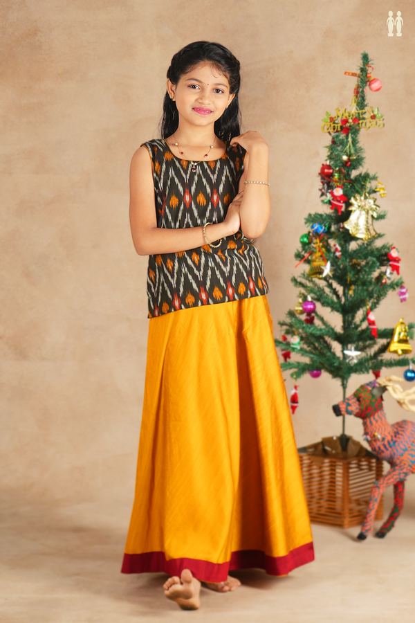 Round Neck Printed Design Yellow Black Raw Silk Pavadai Sattai