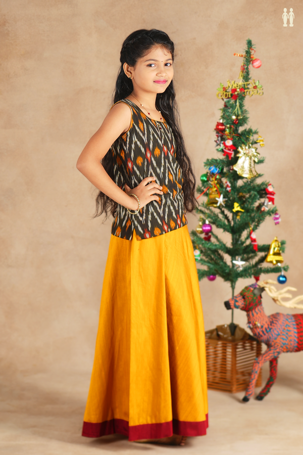 Round Neck Printed Design Yellow Black Raw Silk Pavadai Sattai