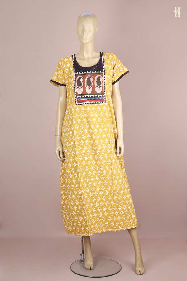 Round Neck Printed Design Yellow Cotton Nightie