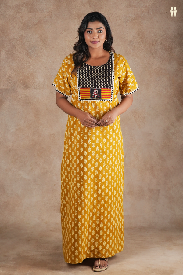 Round Neck Printed Design Yellow Cotton Nightie