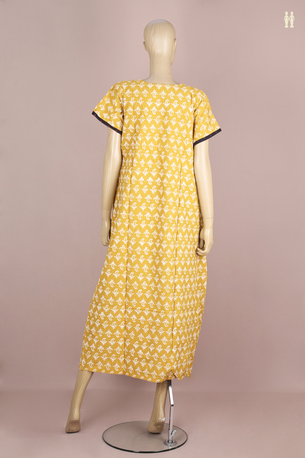 Round Neck Printed Design Yellow Cotton Nightie