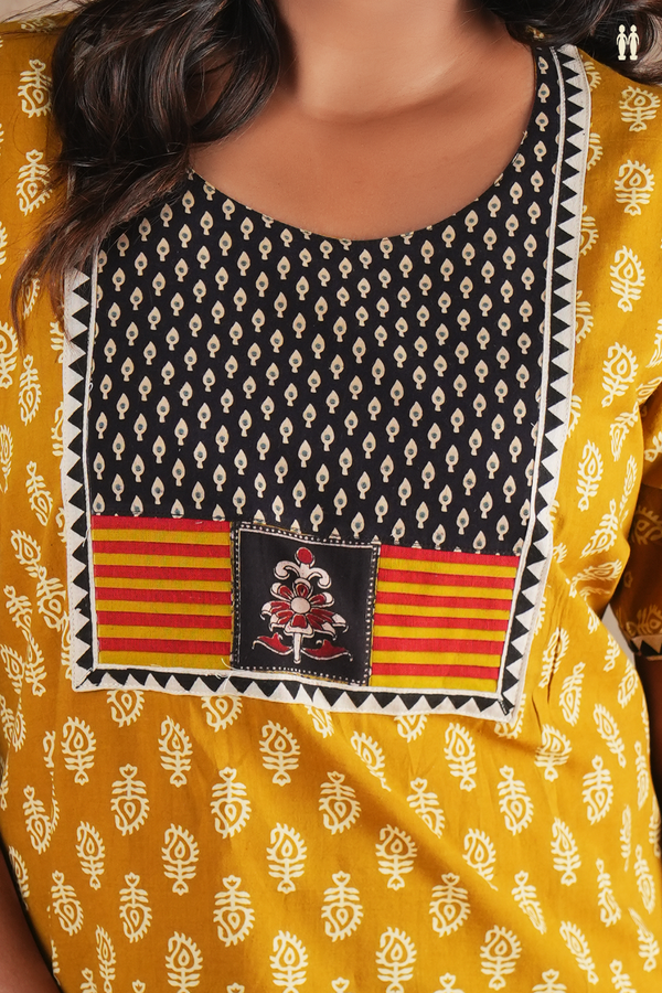 Round Neck Printed Design Yellow Cotton Nightie