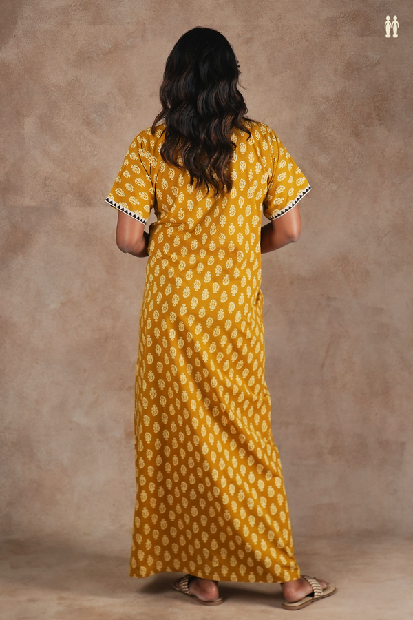 Round Neck Printed Design Yellow Cotton Nightie