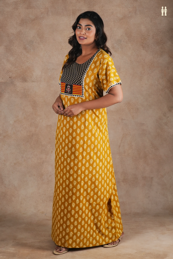 Round Neck Printed Design Yellow Cotton Nightie