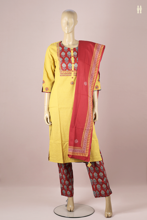 Round Neck Printed Design Yellow Cotton Salwar Set