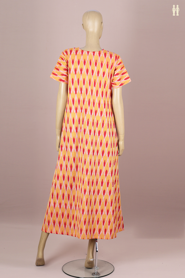 Round Neck Printed Design Yellow Ikat Cotton Nightie