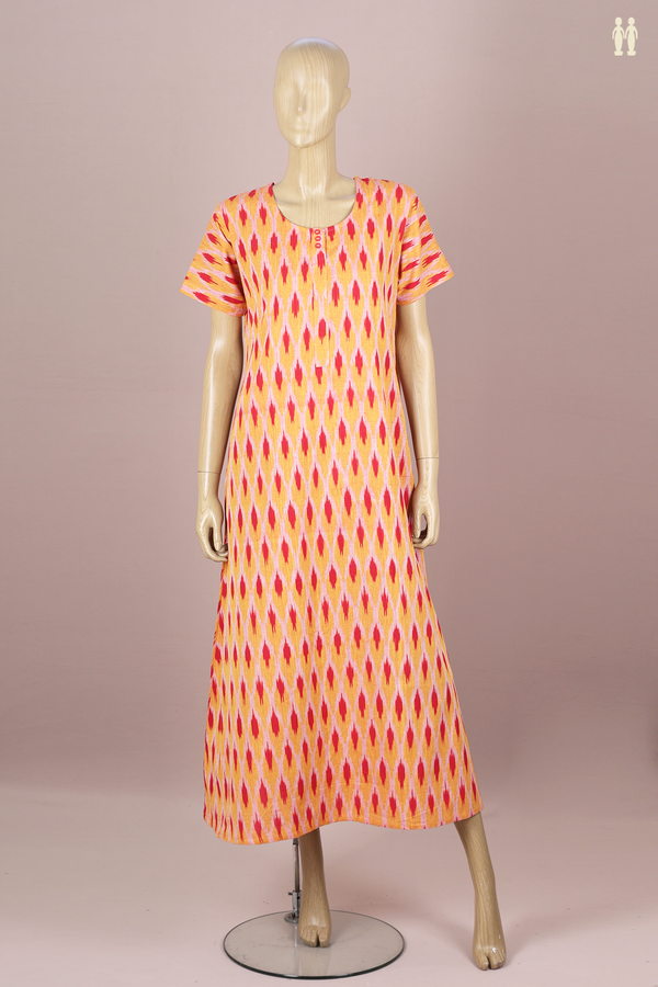 Round Neck Printed Design Yellow Ikat Cotton Nightie