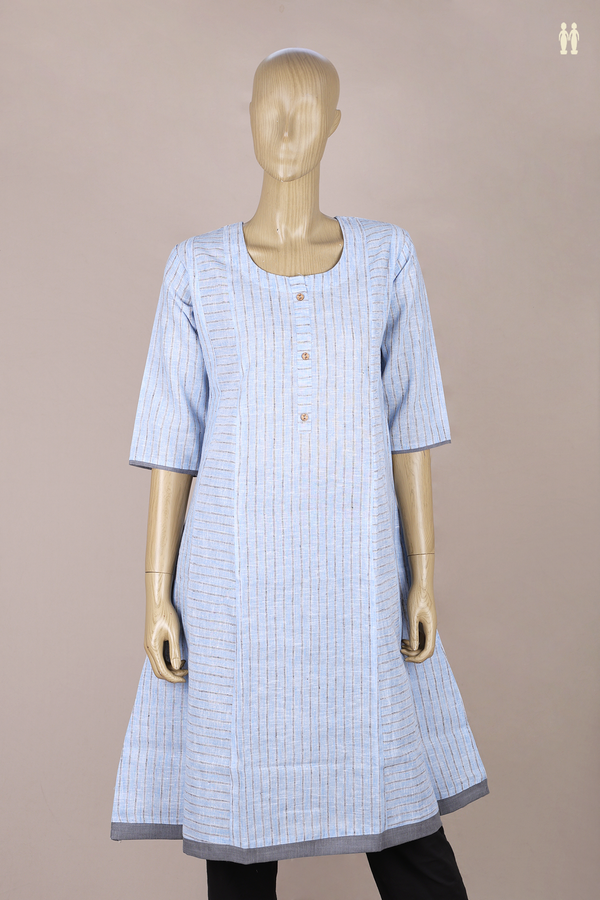 Round Neck Stripes Design Blue Cotton Long Kurta