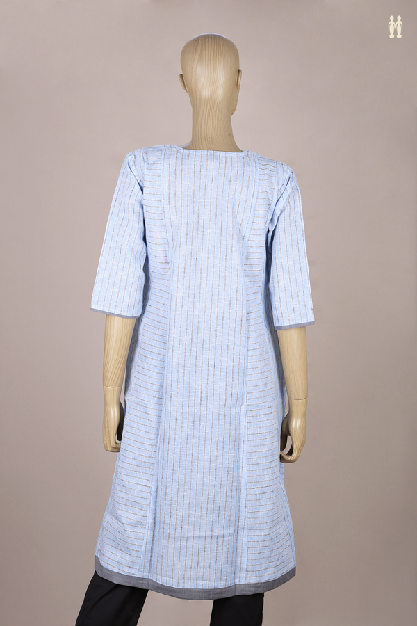 Round Neck Stripes Design Blue Cotton Long Kurta