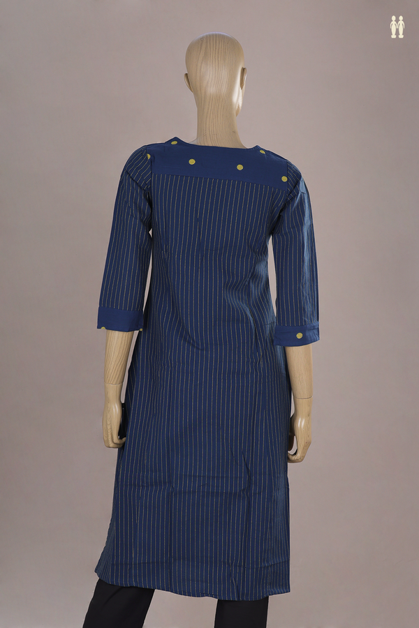 Round Neck Stripes Design Blue Dobby Cotton Long Kurta