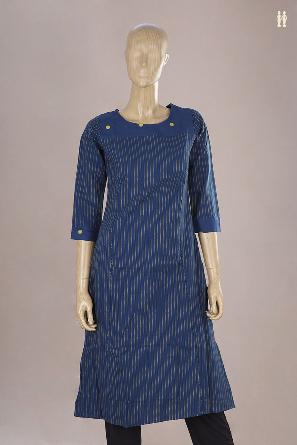 Round Neck Stripes Design Blue Dobby Cotton Long Kurta