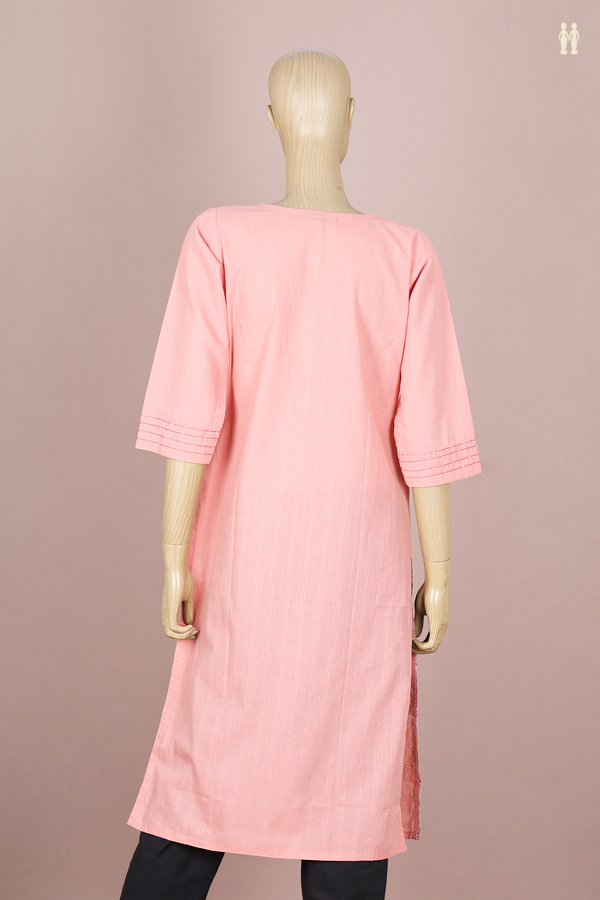 Round Neck Stripes Design Blush Orange Cotton Long Kurta