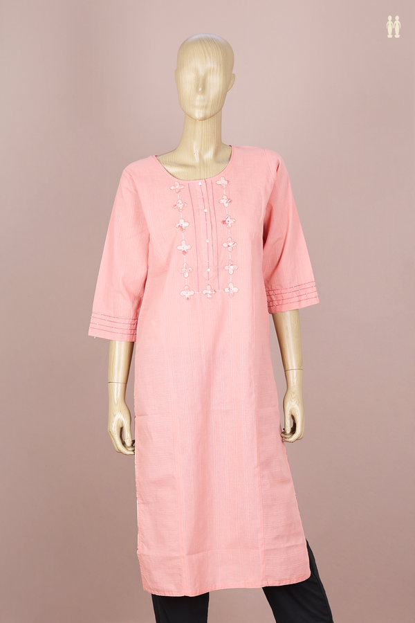 Round Neck Stripes Design Blush Orange Cotton Long Kurta