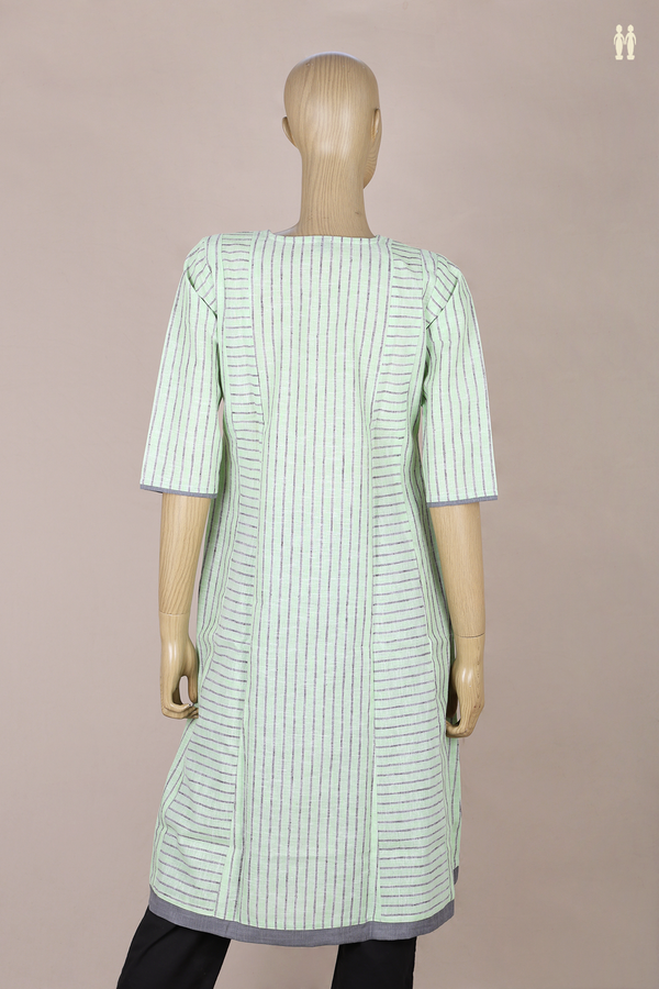 Round Neck Stripes Design Green Cotton Long Kurta