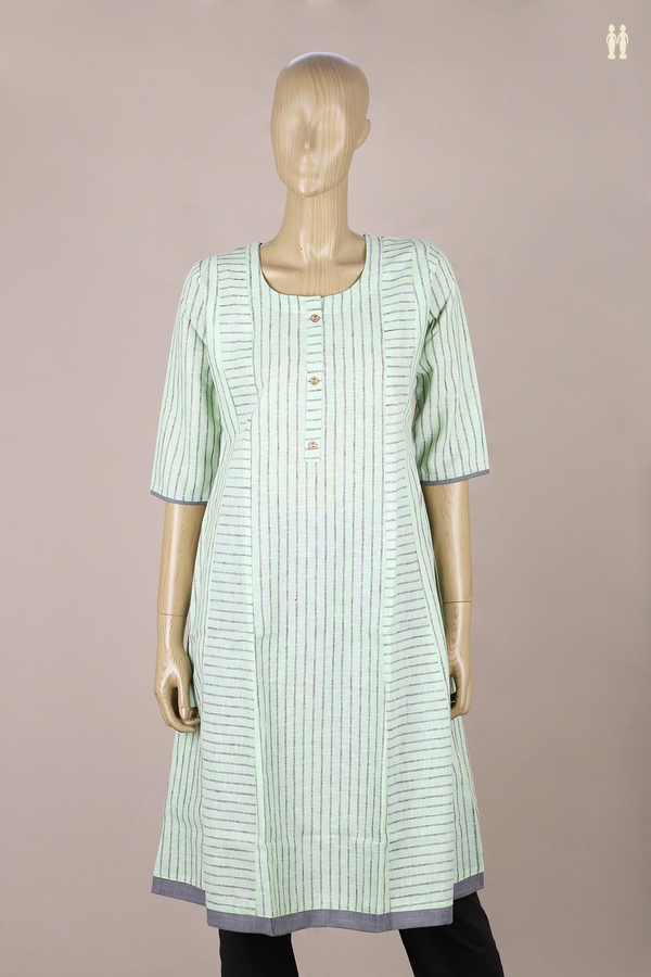 Round Neck Stripes Design Green Cotton Long Kurta