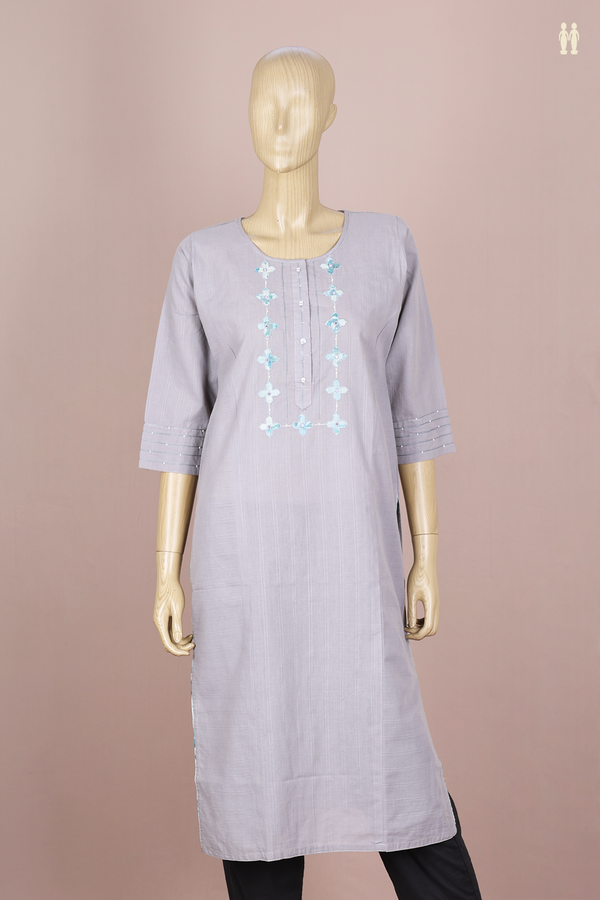 Round Neck Stripes Design Grey Cotton Long Kurta